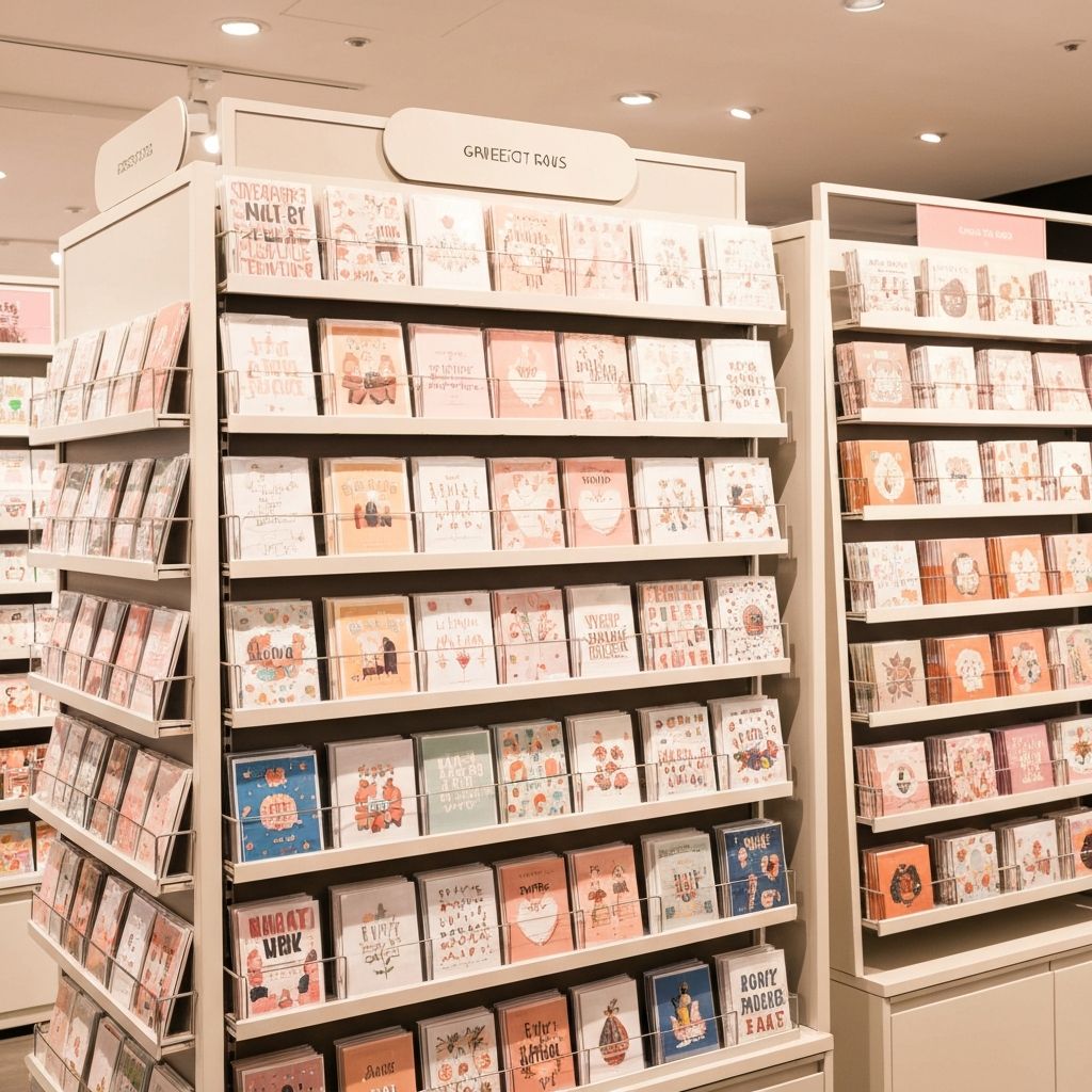 Greeting card display with colourful designs