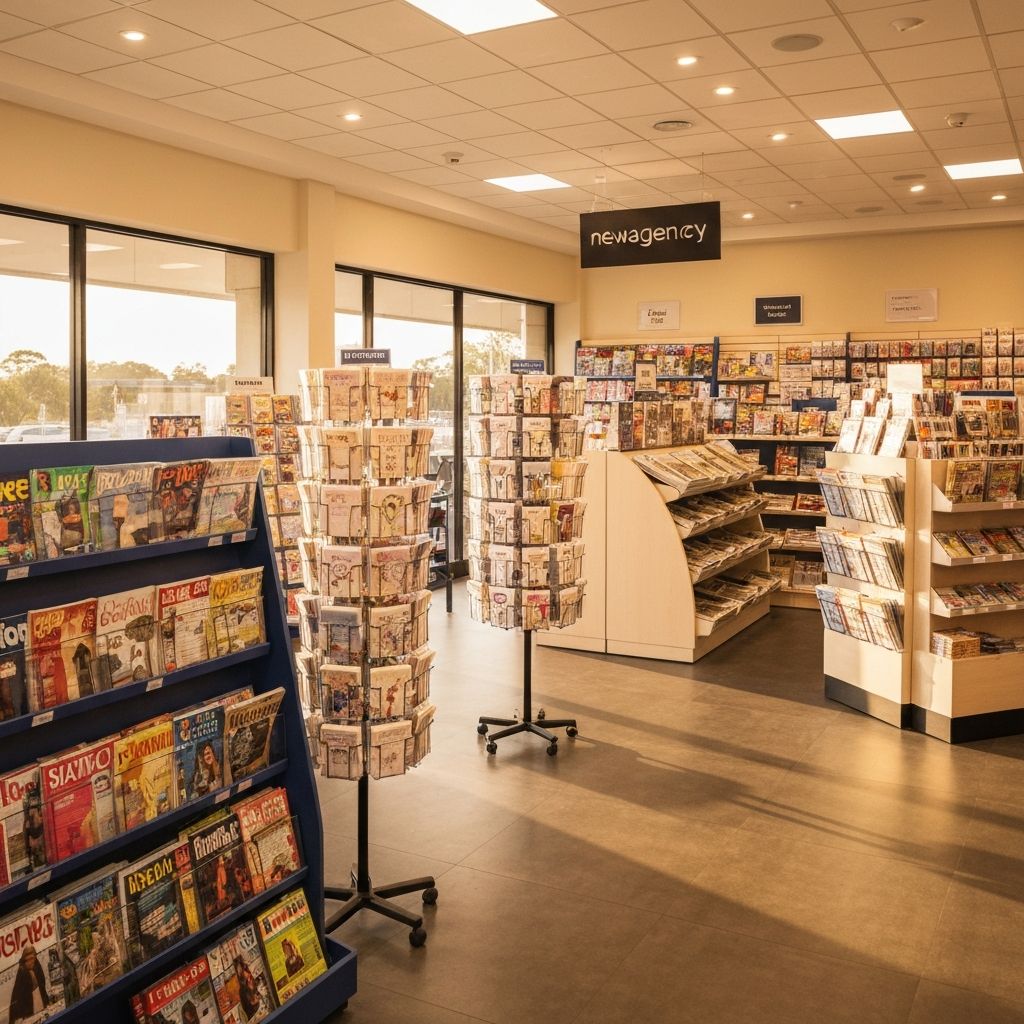Inside All Good News Agency — colourful magazine racks, greeting cards and stationery displays