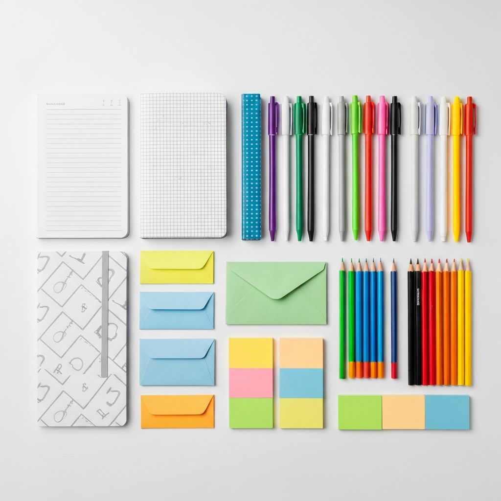Stationery supplies including pens, notebooks and envelopes